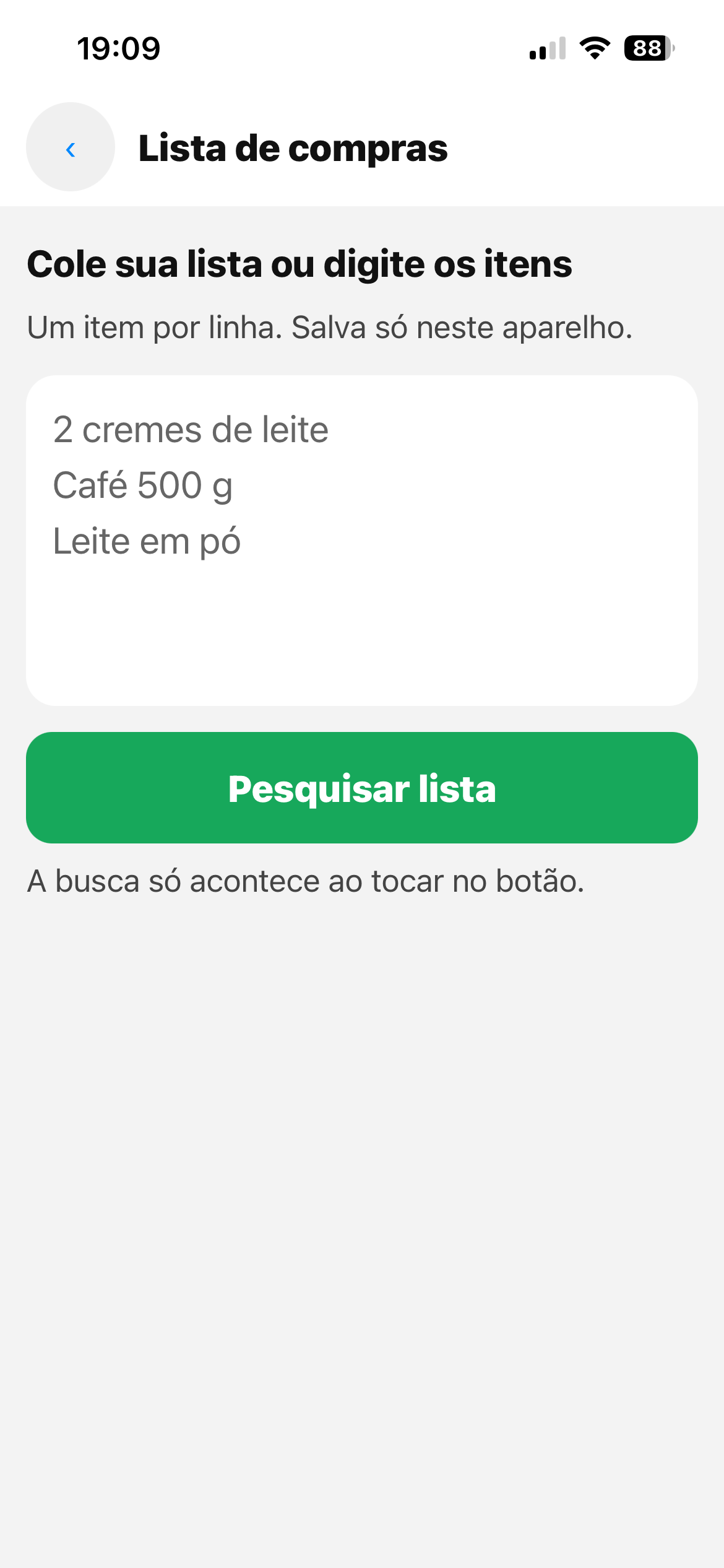 Tela do PicPreço: Sua lista de compras